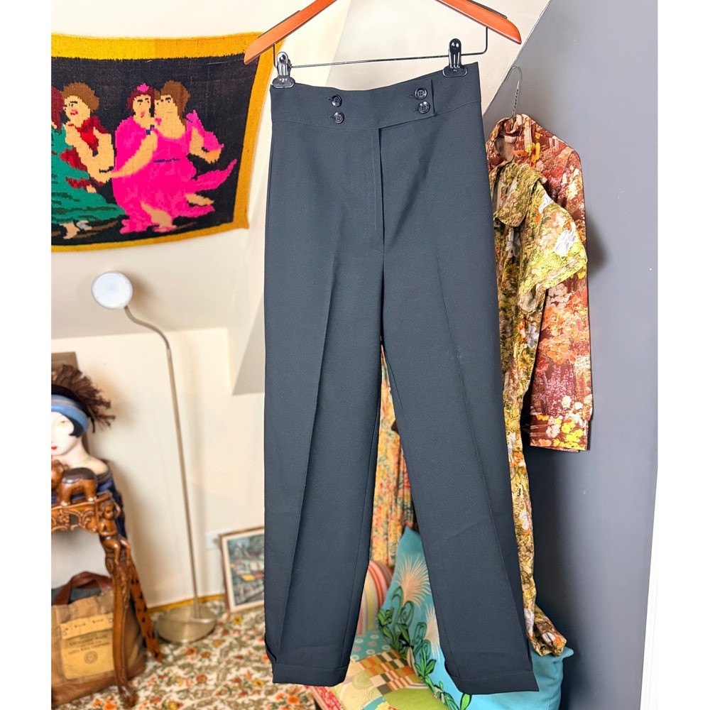 Vintage Y2K Black Wide Leg High Waisted Button Detail Trousers w/ crease Size 7 - Picture 2 of 9